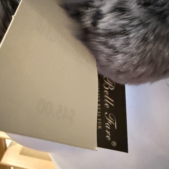 Belle Fare Real Rabbit Fur Neck Scarf with Pom Poms-SLATE BLUE/GREYISH/BLACK - Picture 2 of 3